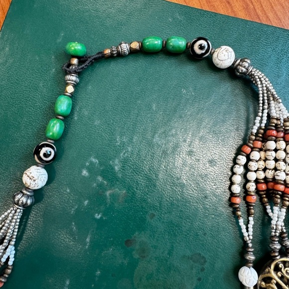 Multicolor Conch Beaded Necklace with Ornate Gold and Tibetan Silver Accents - Picture 5 of 8